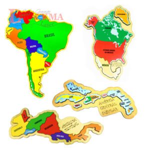 Kit Quebra-cabeça Mapa América do Norte, América do Sul e América Central Istmico e Insular