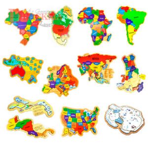 Kit Quebra-cabeça Mapa África, Oceania, Brasil, América do Sul e Norte, Central Ístmico e Insular, Europa, Ásia, EUA, Antártida e Portugal