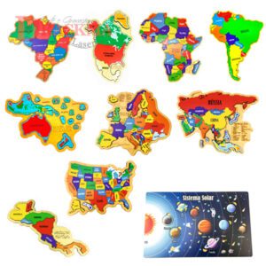 Kit Quebra-cabeça Mapa África, Oceania, Brasil, América do Sul e Norte, Central Ístmico, Europa, Ásia, EUA, Sistema Solar
