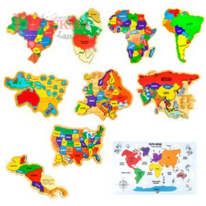 Kit Quebra-cabeça Mapa África, Oceania, Brasil, América do Sul e Norte, Central Ístmico, Europa, Ásia, EUA, Mapa Mundi