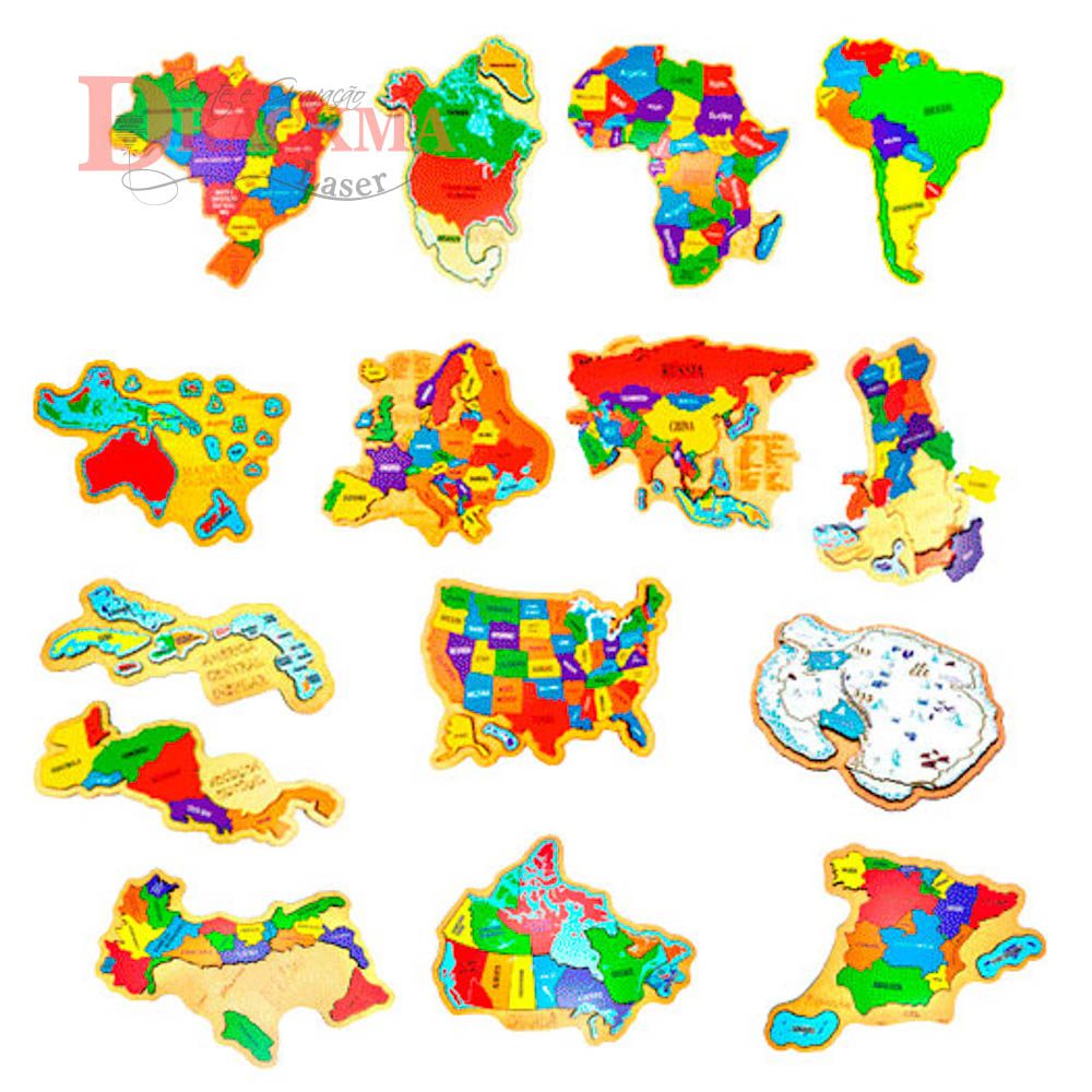 Quebra-Cabeça Mapa África, Oceania, Brasil, América do Sul e Norte, Central Ístmico e Insular, Europa, Ásia, EUA, Antártida, Portugal, Itália, Espanha e Canadá  - Brinquedo Educativo
