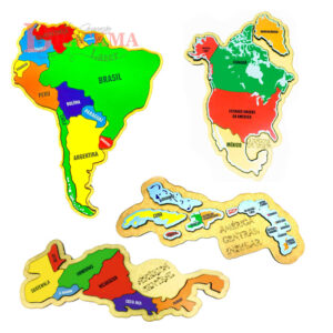Kit Quebra-cabeça Mapa América do Norte, América do Sul e América Central Istmico e Insular