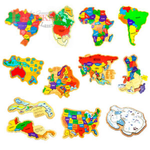 Kit Quebra-cabeça Mapa África, Oceania, Brasil, América do Sul e Norte, Central Ístmico e Insular, Europa, Ásia, EUA, Antártida e Portugal