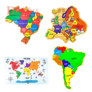Kit Quebra-cabeça Mapa Mundi  Brasil Am. Sul e Europa