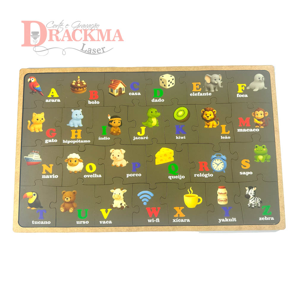 Quebra-Cabeça Alfabeto Infantil em MDF 3mm A-Z com Figuras – Jogo Montessoriano Pedagógico Educativo