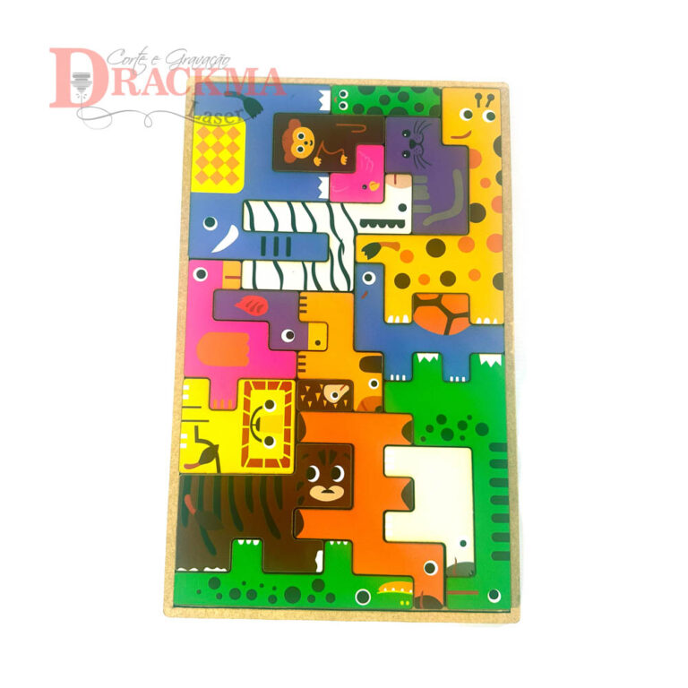 Jogo Tetris Safari em MDF 6mm - Quebra-Cabeça Infantil Montessoriano com Animais Coloridos - 18 Peças Educativas