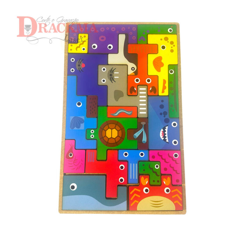 Jogo Tetris Fundo do Mar em MDF 6mm – 22 Peças Coloridas com Animais Marinhos | Quebra-Cabeça Educativo Infantil Montess