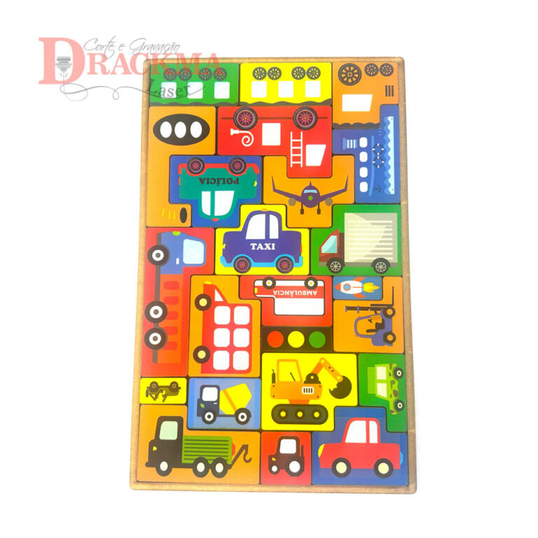 Jogo Tetris Veículos em MDF 6mm – Quebra-Cabeça Infantil Educativo Montessoriano com 24 Peças Coloridas